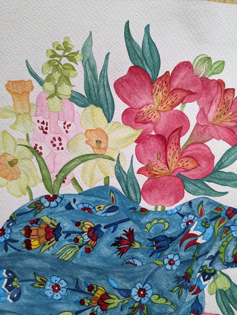 Original Art Deco Floral Painting by Hale Zeynep Agacan