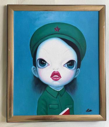 Wang Zhijie Signed Painting 'Military Girl' 22x26 Framed surreal thumb