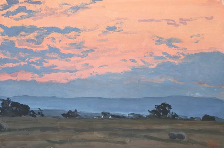 Original Landscape Painting by Noemi Admira Tiba | Expressionism Art on Paper | Misty sunset over the fields