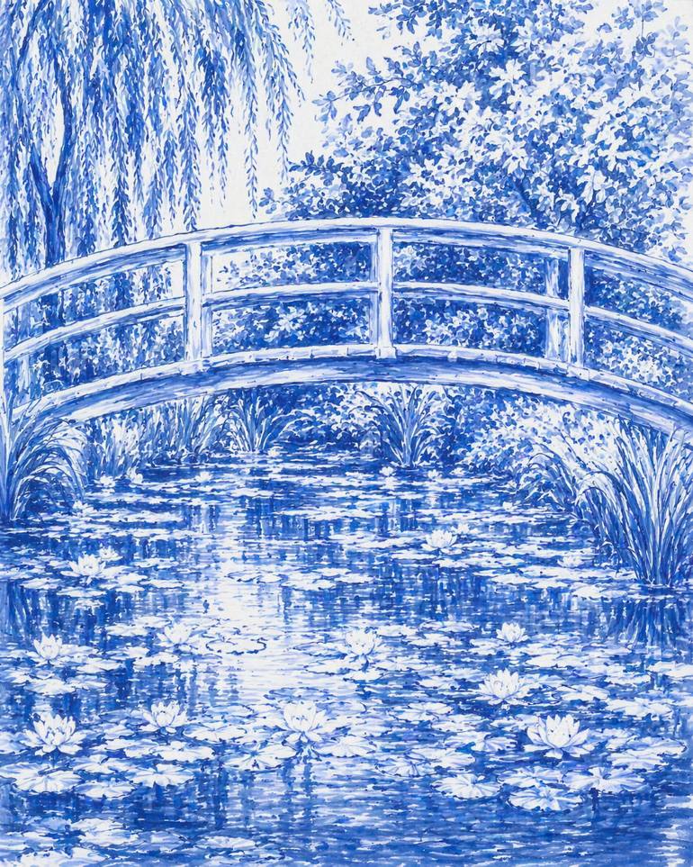 Original Landscape Painting by Bahar Rose | Abstract Art on Canvas | Blue and White Chinoiserie Inspired Bridge Over Lily Pond