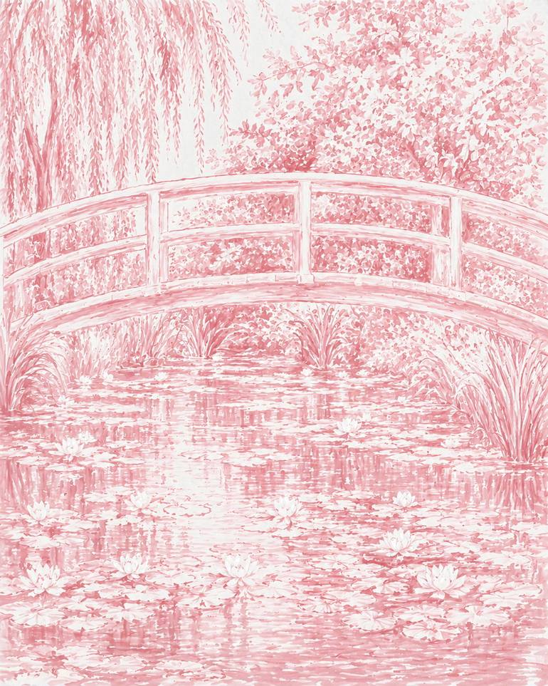 Original Landscape Painting by Bahar Rose | Abstract Art on Canvas | Blush and White Chinoiserie Inspired Bridge Over Lily Pond