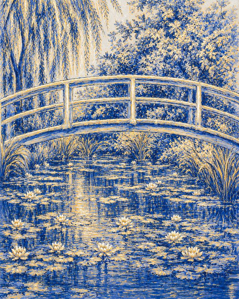 Original Landscape Painting by Bahar Rose | Abstract Art on Canvas | Blue, White, and Gold Chinoiserie Inspired Lush Flowers and Lake