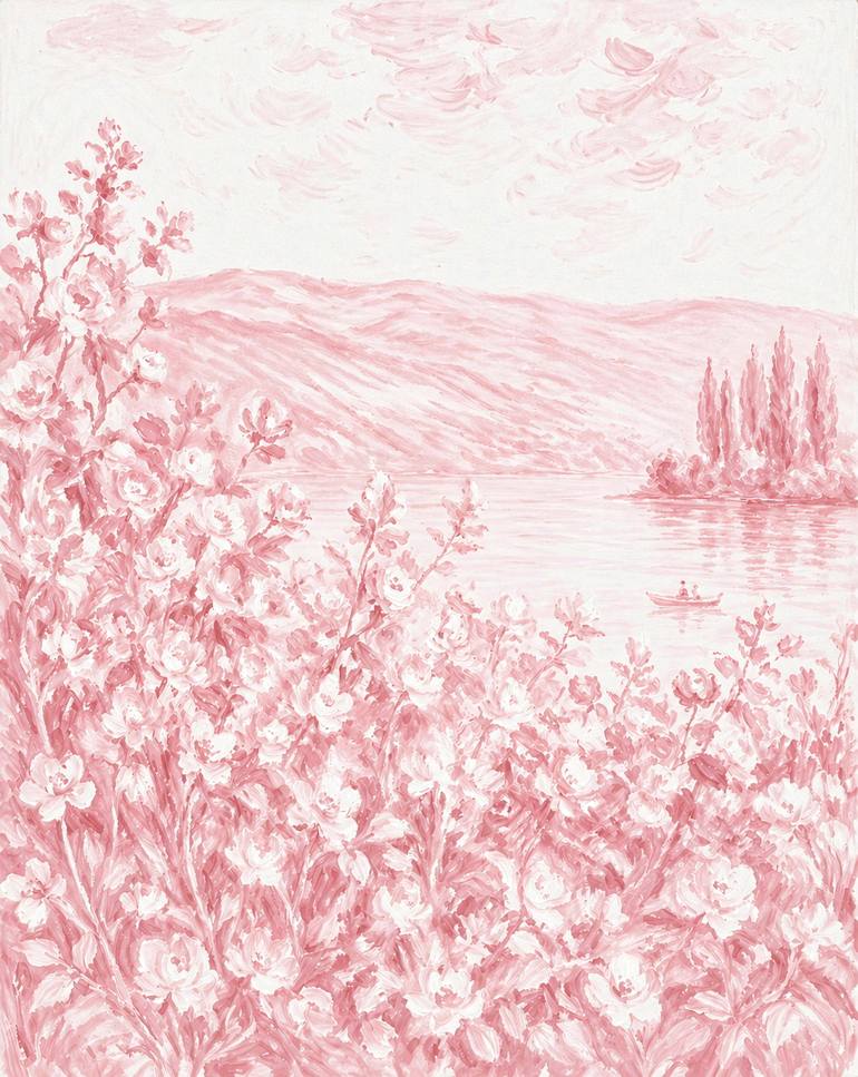 Original Landscape Painting by Bahar Rose | Abstract Art on Canvas | Blush and White Chinoiserie Inspired Lush Flowers and Lake