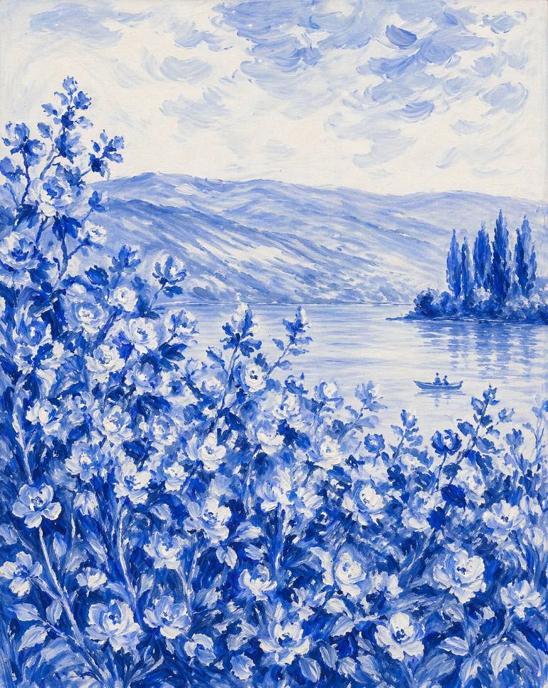 Original Landscape Painting by Bahar Rose | Abstract Art on Canvas | Blue and White Chinoiserie Inspired Lush Flowers and Lake