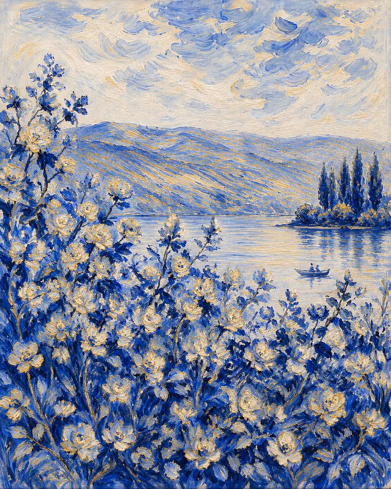 Original Landscape Painting by Bahar Rose | Abstract Art on Canvas | Blue, White, and Gold Chinoiserie Inspired Lush Flowers and Lake