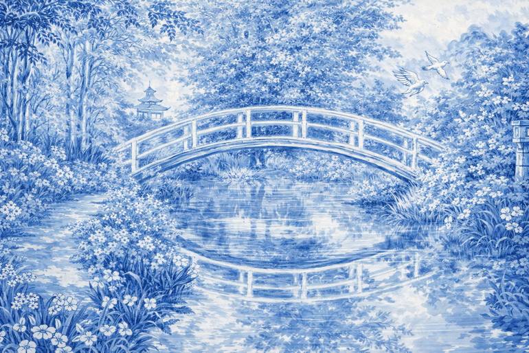 Original Landscape Painting by Bahar Rose | Abstract Art on Canvas | Blue and White Chinoiserie Inspired Bridge Over Lush Gardens