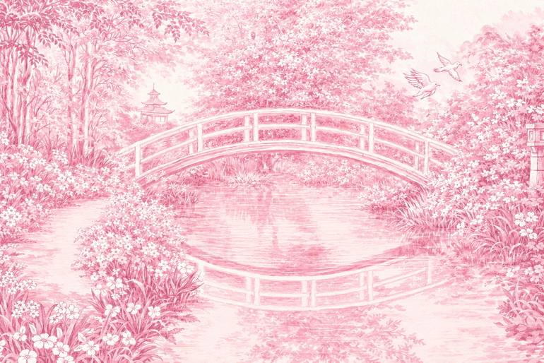 Original Landscape Painting by Bahar Rose | Abstract Art on Canvas | Blush and White Chinoiserie Inspired Bridge Over Lush Gardens