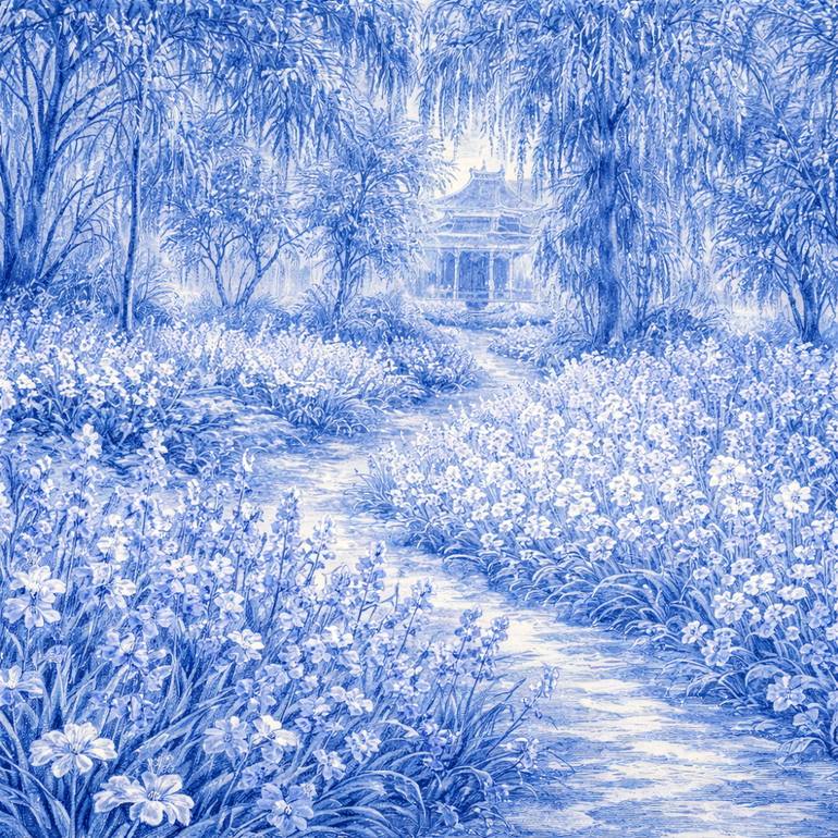 Original Landscape Painting by Bahar Rose | Abstract Art on Canvas | Blue and White Chinoiserie Inspired Lush Garden Path