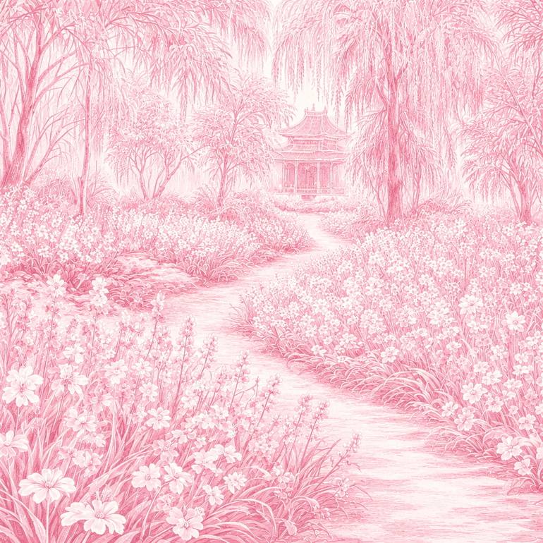 Original Landscape Painting by Bahar Rose | Abstract Art on Canvas | Blush and White Chinoiserie Inspired Lush Garden Path