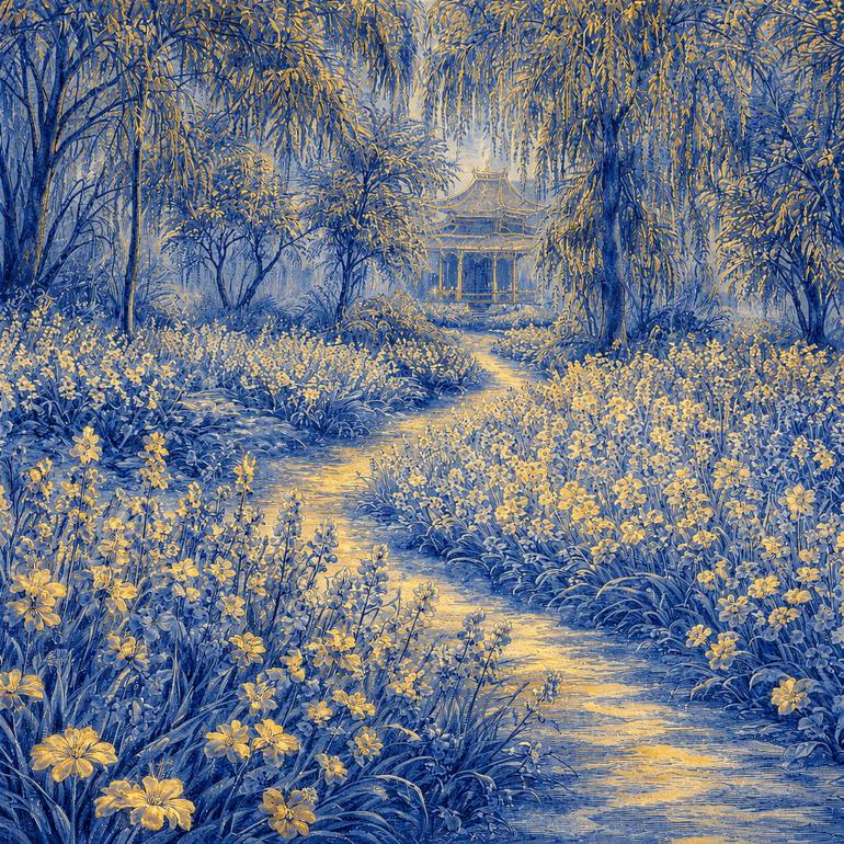 Original Landscape Painting by Bahar Rose | Abstract Art on Canvas | Blue, White, and Gold Chinoiserie Inspired Lush Garden Path