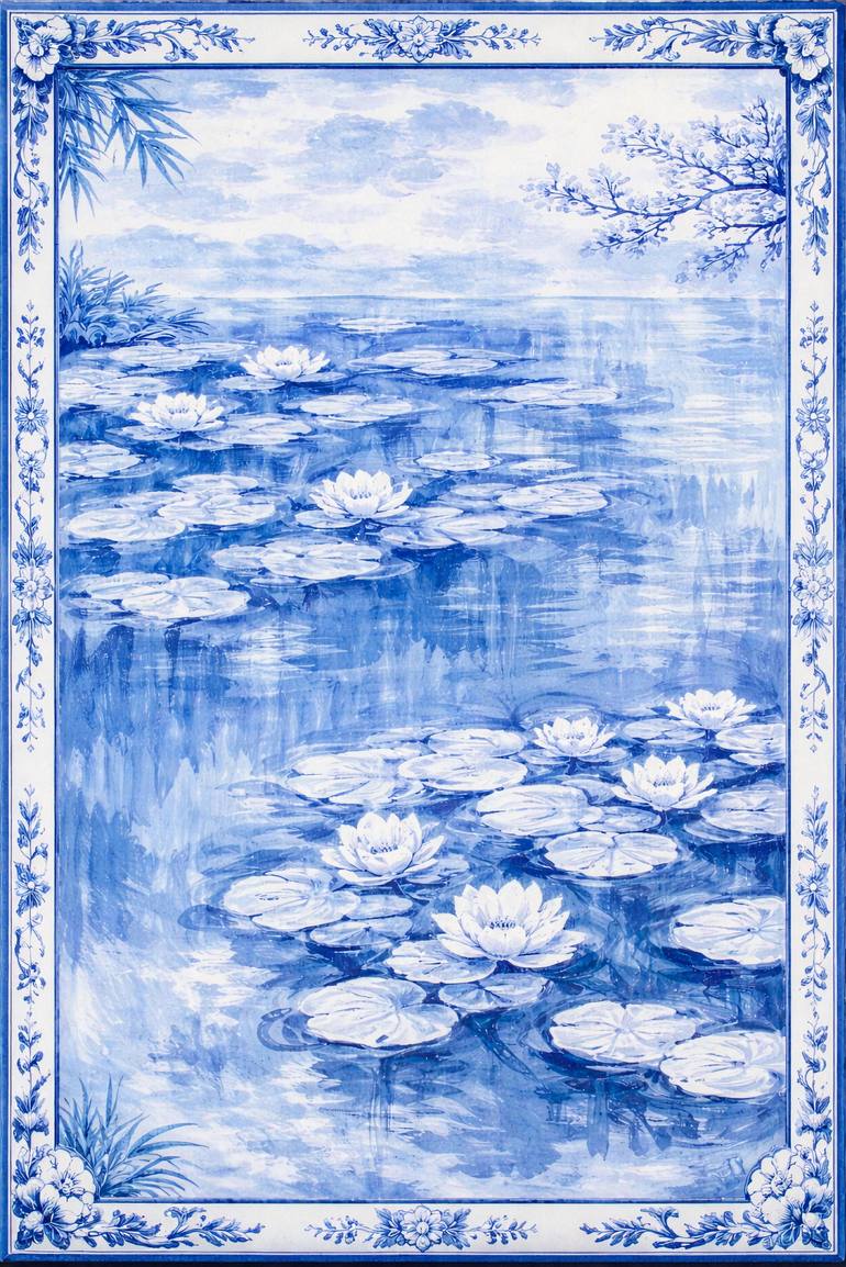 Original Landscape Painting by Bahar Rose | Abstract Art on Canvas | Blue and White Chinoiserie Inspired Water Lilies I