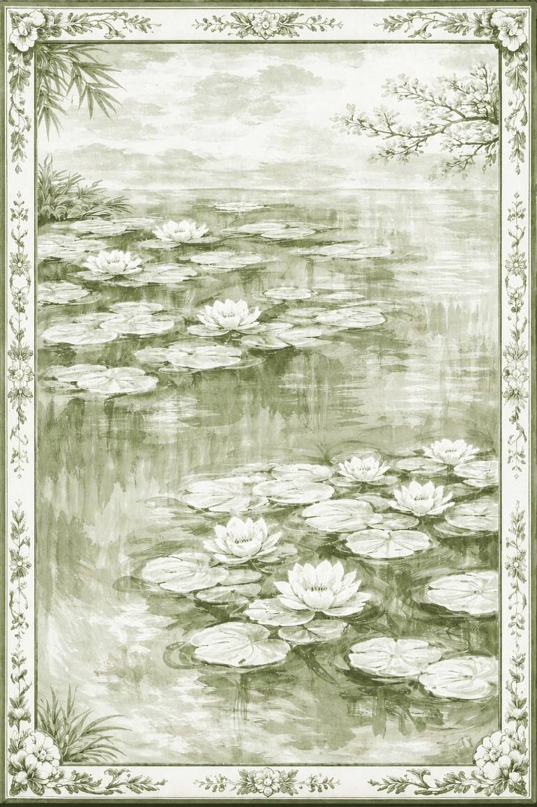 Original Landscape Painting by Bahar Rose | Abstract Art on Canvas | Sage Green and White Chinoiserie Inspired Water Lilies I