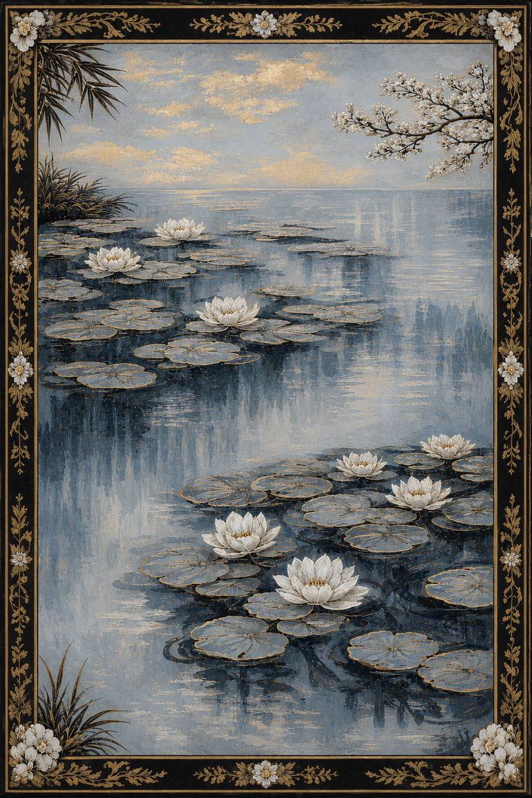Original Landscape Painting by Bahar Rose | Abstract Art on Canvas | Blue, White, and Gold Chinoiserie Inspired Water Lilies I