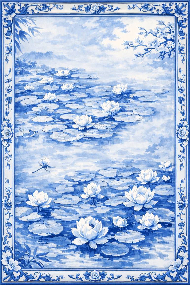 Original Landscape Painting by Bahar Rose | Abstract Art on Canvas | Blue and White Chinoiserie Inspired Water Lilies II