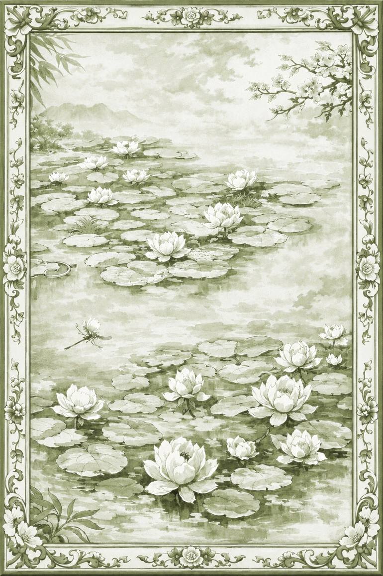 Original Landscape Painting by Bahar Rose | Abstract Art on Canvas | Sage Green and White Chinoiserie Inspired Water Lilies II