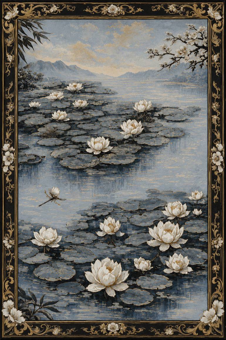Original Landscape Painting by Bahar Rose | Abstract Art on Canvas | Blue, White, and Gold Chinoiserie Inspired Water Lilies II