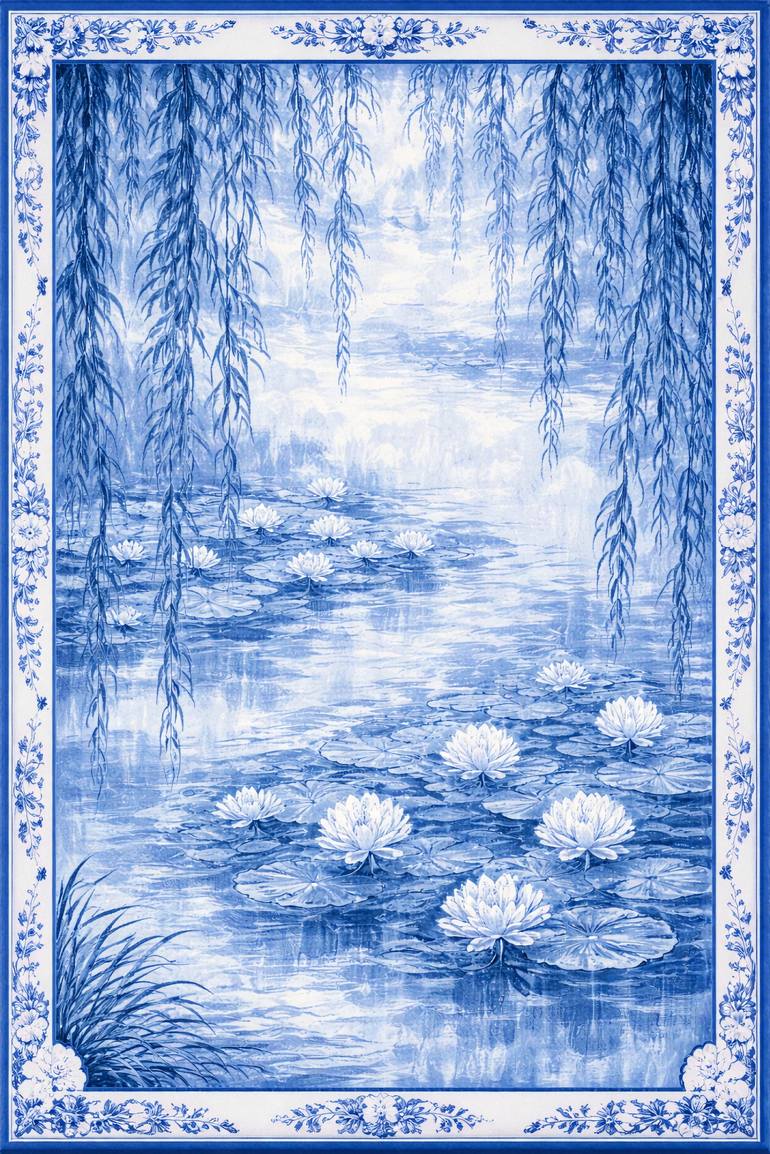Original Landscape Painting by Bahar Rose | Abstract Art on Canvas | Blue and White Chinoiserie Inspired Water Lilies III