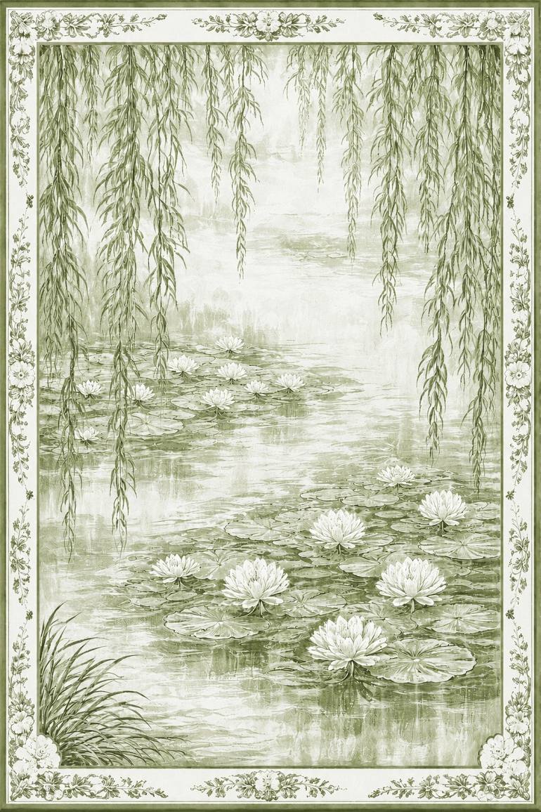 Original Landscape Painting by Bahar Rose | Abstract Art on Canvas | Sage Green and White Chinoiserie Inspired Water Lilies III
