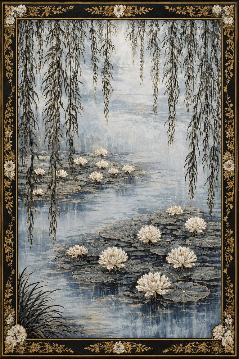 Original Landscape Painting by Bahar Rose | Abstract Art on Canvas | Blue, White, and Gold Chinoiserie Inspired Water Lilies III