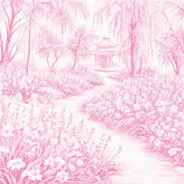 Original Landscape Painting by Bahar Rose | Abstract Art on Canvas | Pink and White Chinoiserie Inspired Lush Garden Path