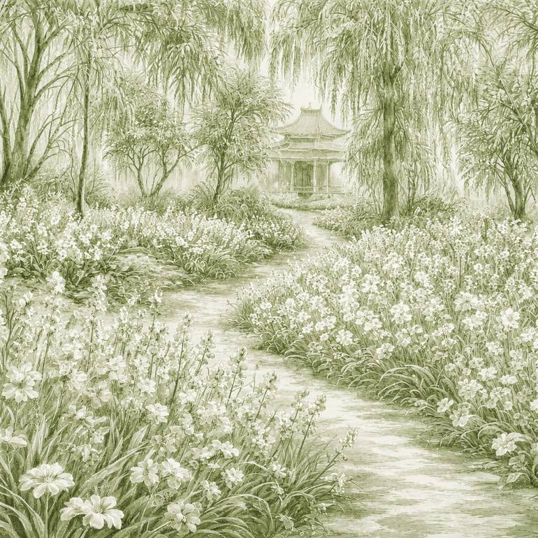 Original Landscape Painting by Bahar Rose | Abstract Art on Canvas | Sage and White Chinoiserie Inspired Lush Garden Path