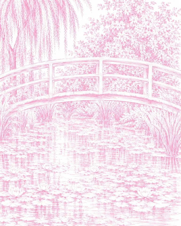 Original Landscape Painting by Bahar Rose | Abstract Art on Canvas | Pink and White Chinoiserie Inspired Bridge Over Lily Pond