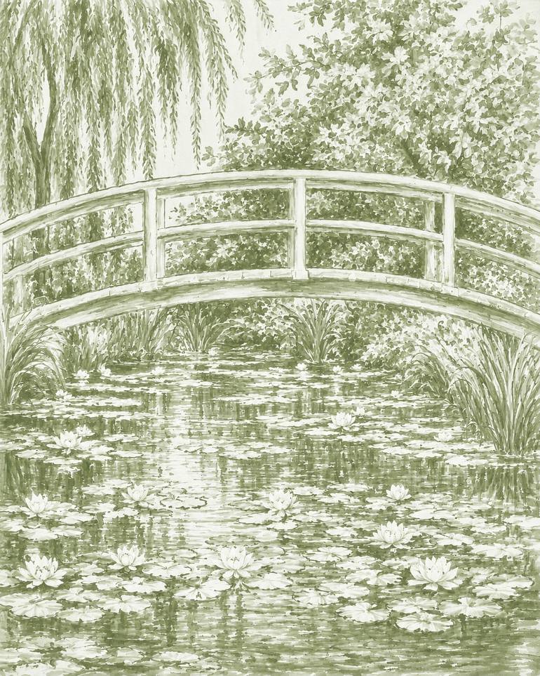 Original Landscape Painting by Bahar Rose | Abstract Art on Canvas | Sage Green and White Chinoiserie Inspired Bridge Over Lily Pond