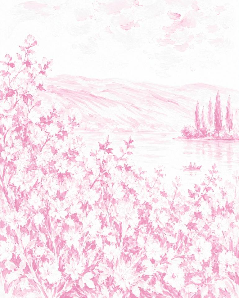 Original Landscape Painting by Bahar Rose | Abstract Art on Canvas | Pink and White Chinoiserie Inspired Lush Flowers and Lake