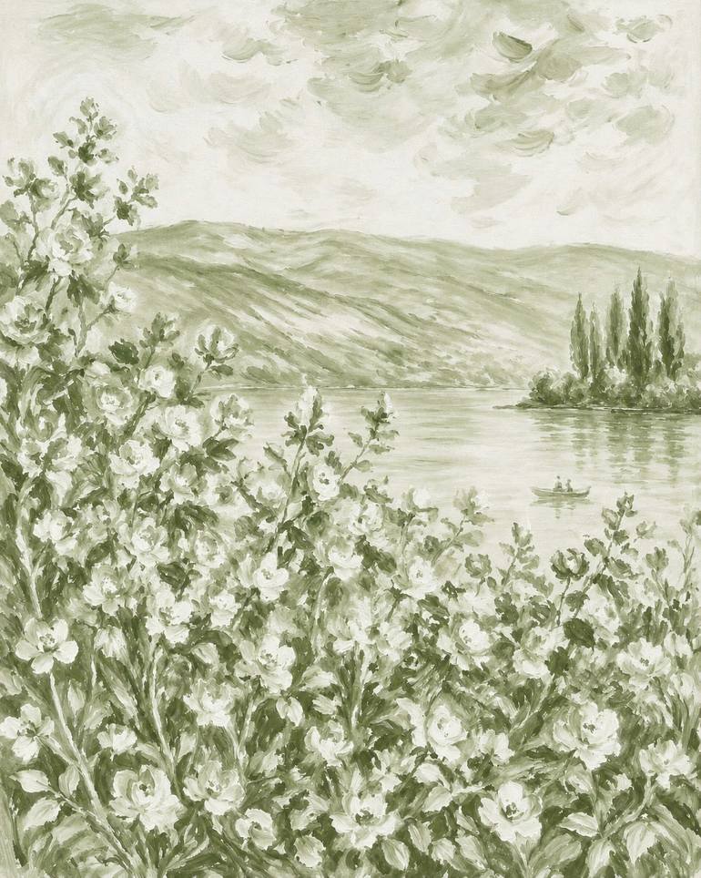 Original Landscape Painting by Bahar Rose | Abstract Art on Canvas | Sage Green and White Chinoiserie Inspired Lush Flowers and Lake