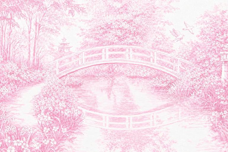 Original Landscape Painting by Bahar Rose | Abstract Art on Canvas | Pink and White Chinoiserie Inspired Bridge Over Lush Gardens