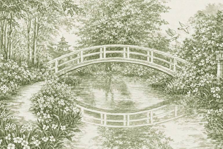 Original Landscape Painting by Bahar Rose | Abstract Art on Canvas | Green and White Chinoiserie Inspired Bridge Over Lush Gardens