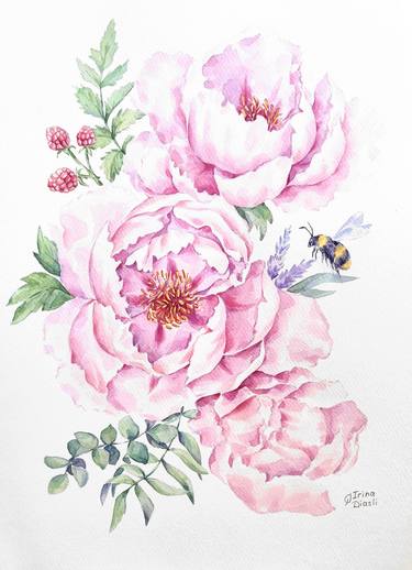 Watercolor Pink Peonies. Spring Blooming. thumb