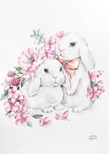 Watercolor bunnies among the flowers thumb