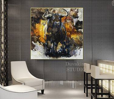 Oil painting in the interior of the Bull premium canvas as a gift thumb