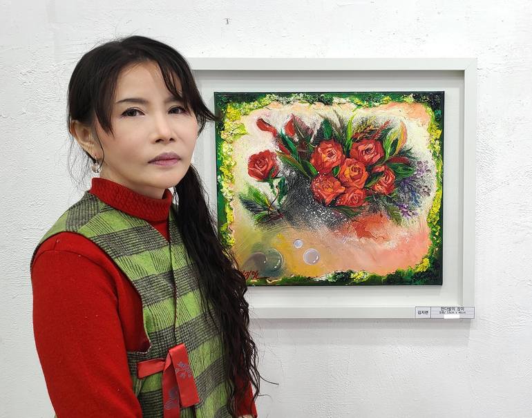 Original Cubism Floral Painting by Ji-Ryeon Kim