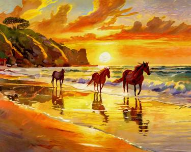 Horses on beach at sunset thumb