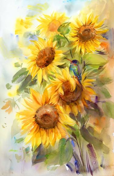 Sunflowers and a Hummingbird thumb