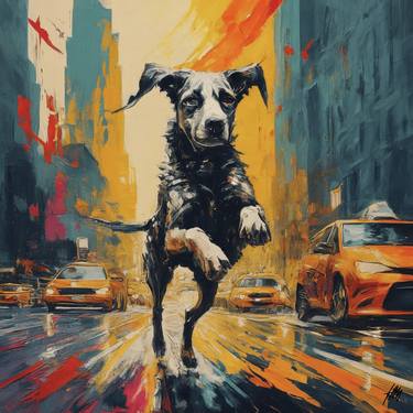 Dog Running Through New York City Streets with Urban Energy thumb
