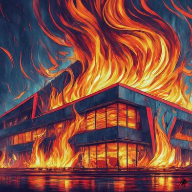 Dramatic Fire, Modern Art Depicting a Building in Flames thumb