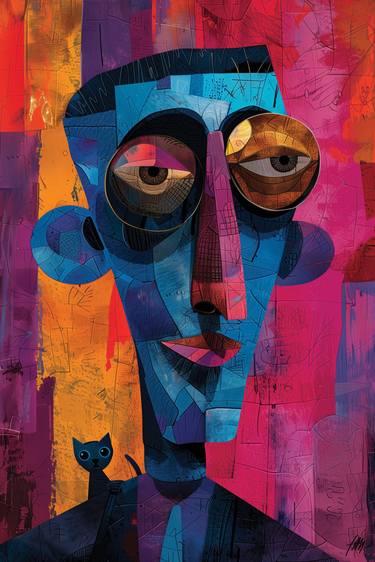 Cubist Blue: Man & Cat thumb