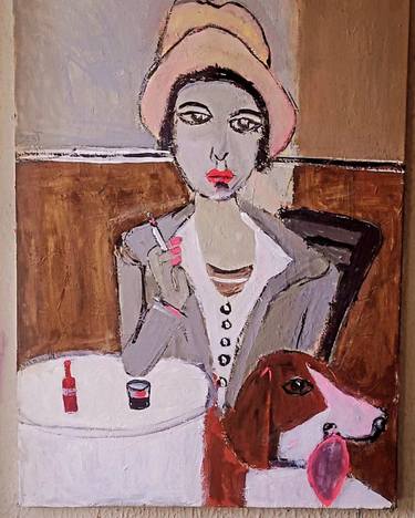 A woman is sitting in a cafe with her dog abstract painting . thumb
