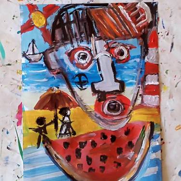 painting   abstract of a beach man eating watermelon thumb