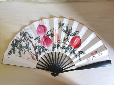 Original Handpainted Traditonal Chinese Folding Hand Fan--Peach thumb