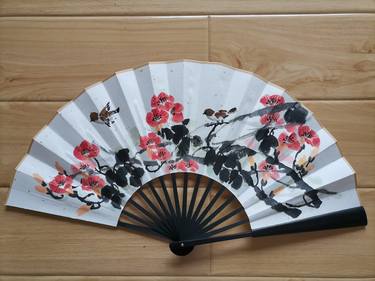 Handpainted Traditonal Chinese Folding Hand Fan--Trumpet Vine thumb