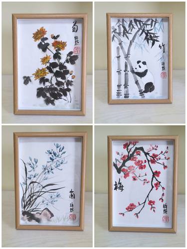 Handpainted Original Chinese Flower painting, 4 pieces as a set thumb