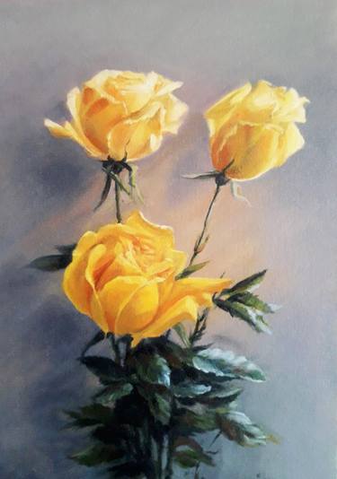 Original oil painting. Yellow roses. thumb