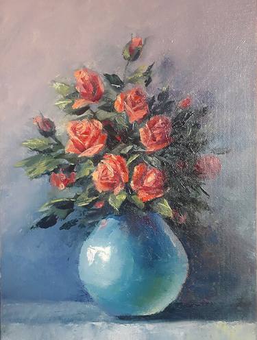 Roses in a vase. Original oil painting. Palette knife painting thumb