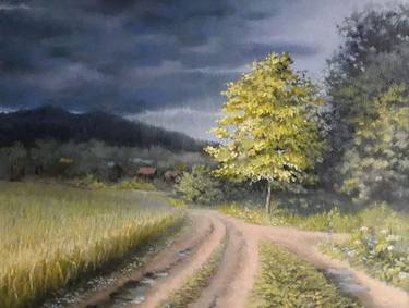 Original oil painting. Crossroads after a thunderstorm thumb