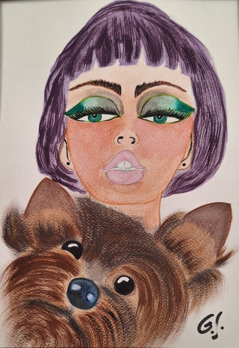 Original Women Painting by Susana Giordano | Contemporary Art on Paper | Portrait of a woman with a small dog