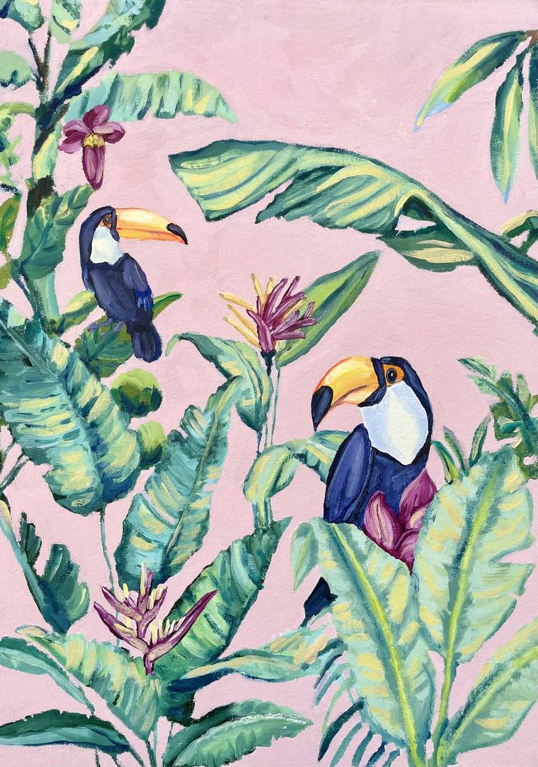 Original Botanic Painting by Lana Dakini  Illustration Art on Canvas  Toucans